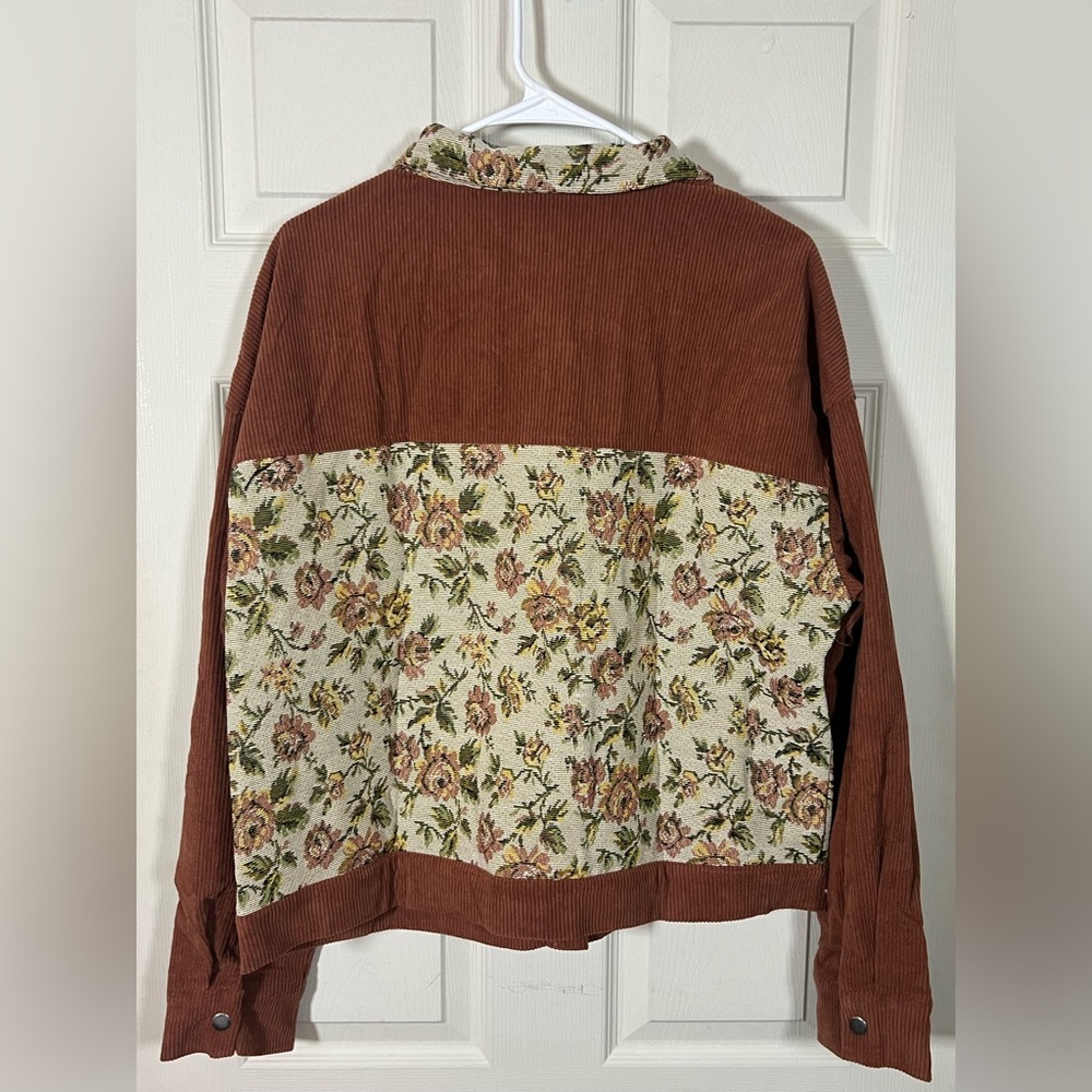 Rust Corduroy Floral Patchwork Shacket Snap Button Jacket Boho - Picture 5 of 8
